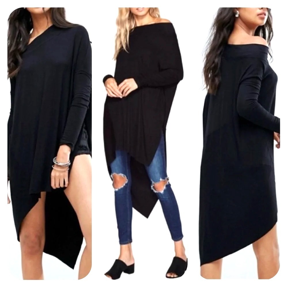 We the Free Womens Asymmetrical Cowl Neck Tunic Top XS Black Side Split Slouchy